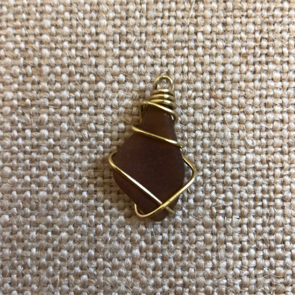 Authentic Brown Sea Glass Gold Wire Wrapped Charm
